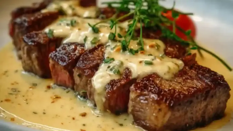 Juicy ribeye steak topped with creamy garlic sauce on a plate