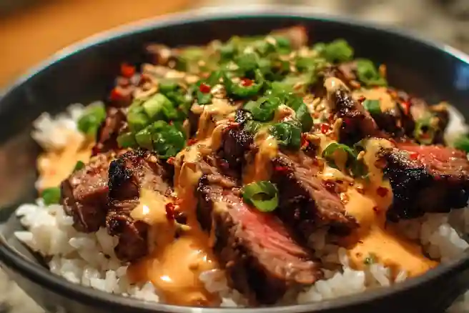 Korean BBQ Steak Rice Bowls with a Spicy Cream Sauce