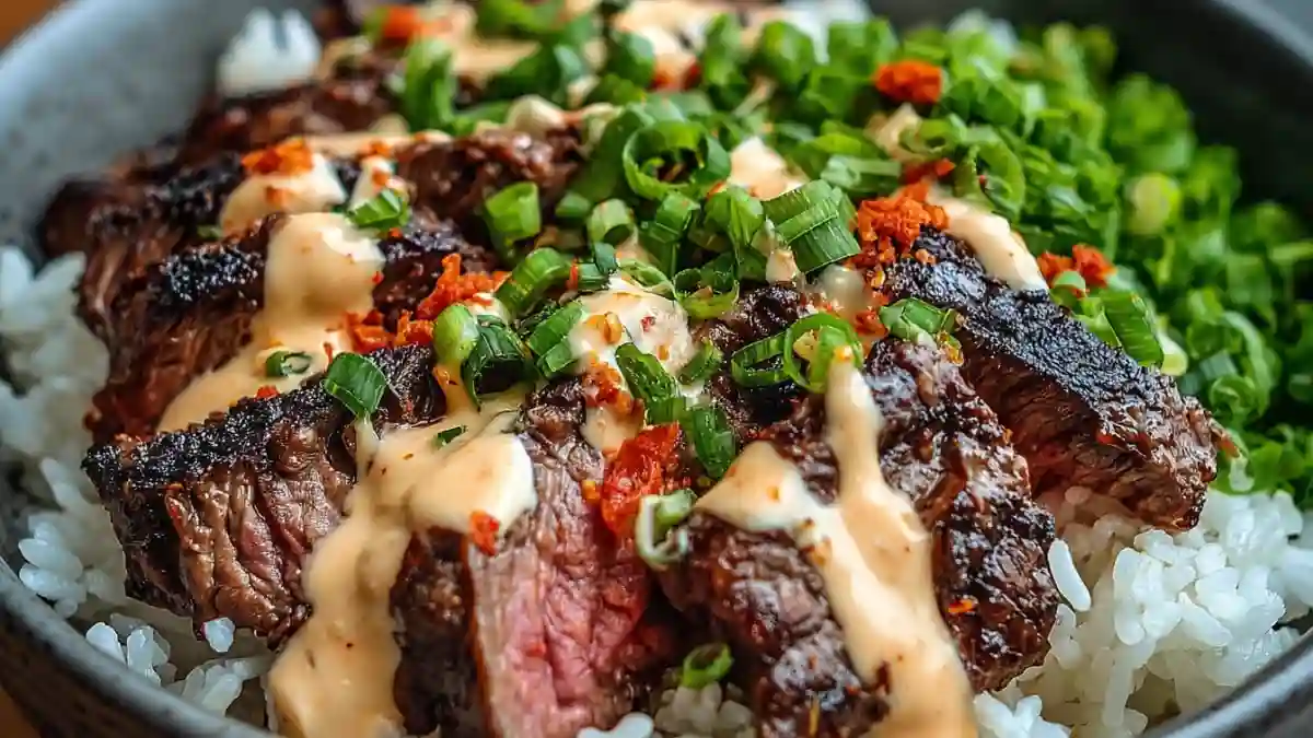 Korean BBQ Steak Rice Bowls topped with spicy cream sauce in a vibrant bowl