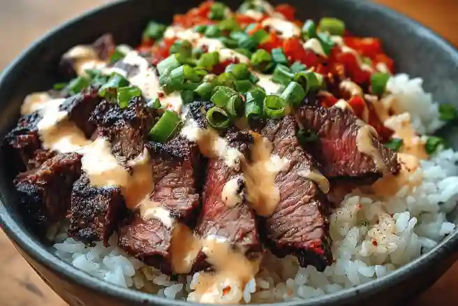 Korean BBQ Steak Rice Bowls with a Spicy Cream Sauce