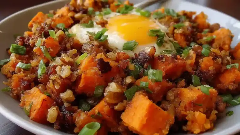 Maple Walnut Sweet Potato Hash served in a bowl with walnuts and maple syrup