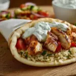 Delicious Mediterranean chicken gyros served with fresh ingredients and tzatziki sauce.