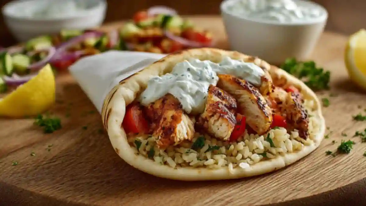 Delicious Mediterranean chicken gyros served with fresh ingredients and tzatziki sauce.