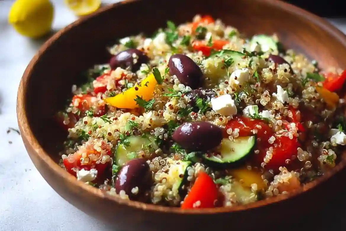 A vibrant Mediterranean Quinoa Salad with fresh vegetables and herbs.
