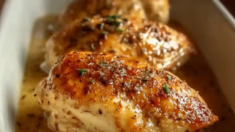 Melt-in-your-mouth chicken dish garnished with herbs.