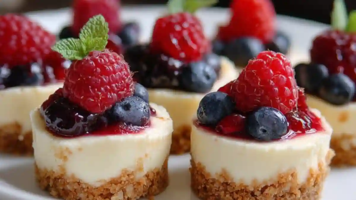 Delicious mini berry cheesecake bites topped with fresh berries