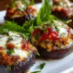 Mini stuffed eggplant bites topped with herbs and spices on a serving platter.