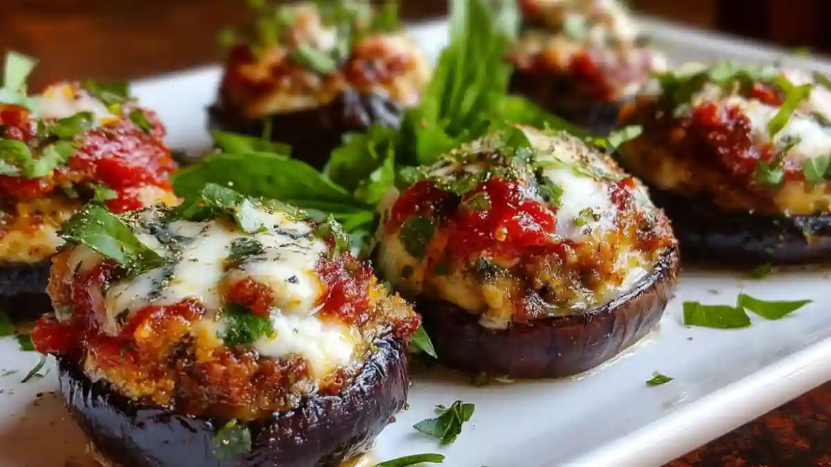 Mini stuffed eggplant bites topped with herbs and spices on a serving platter.
