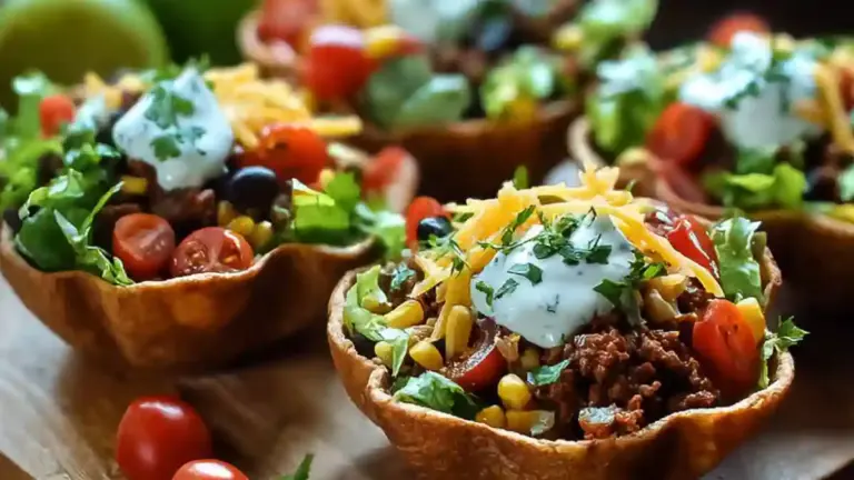 Easy mini taco salad bowls with crunchy toppings and vibrant ingredients.