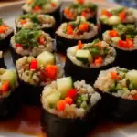 Colorful mini veggie sushi bites with fresh ingredients and vibrant presentation