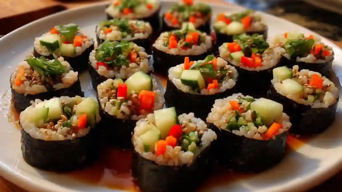 Colorful mini veggie sushi bites with fresh ingredients and vibrant presentation