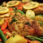 One Pan Lemon Garlic Chicken and Veggies served on a rustic table.