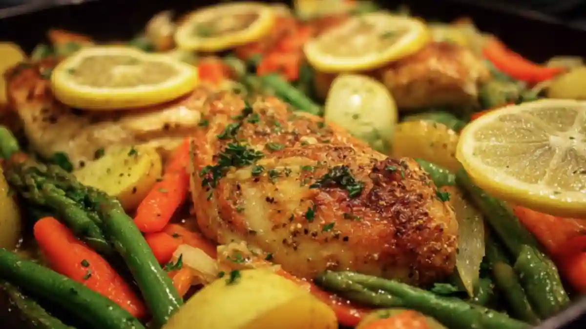 One Pan Lemon Garlic Chicken and Veggies served on a rustic table.
