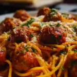 Delicious one-pot spaghetti and meatballs served with fresh herbs