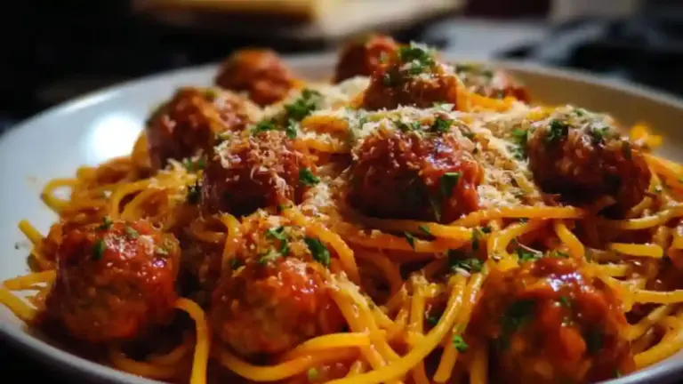 Delicious one-pot spaghetti and meatballs served with fresh herbs