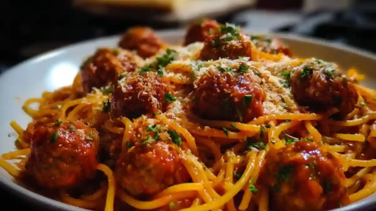 Delicious one-pot spaghetti and meatballs served with fresh herbs