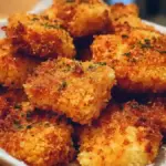 Oven-baked fish nuggets served with dipping sauce on a plate