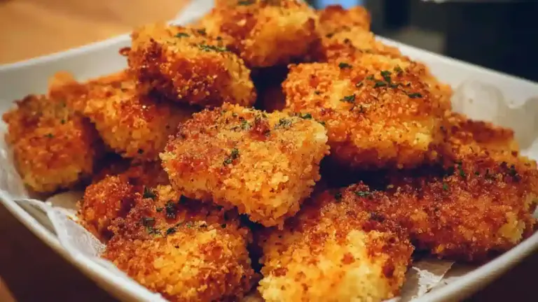 Oven-baked fish nuggets served with dipping sauce on a plate