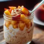 Bowl of Peach Overnight Oats topped with fresh peaches and nuts