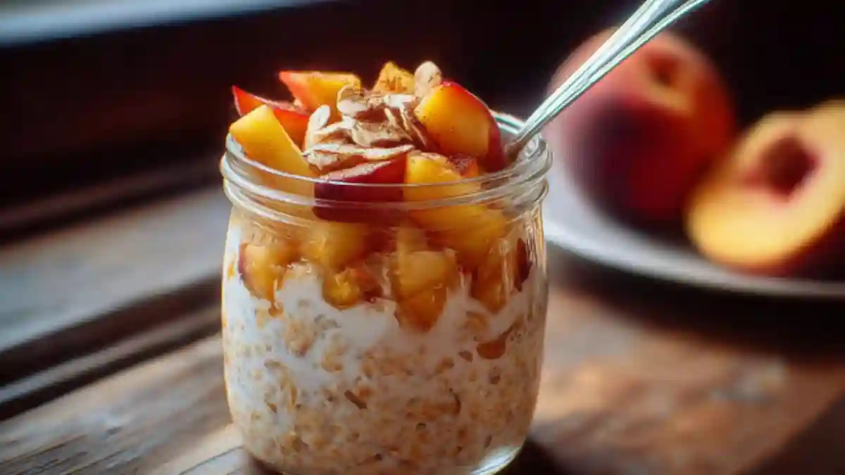 Bowl of Peach Overnight Oats topped with fresh peaches and nuts