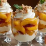 Delicious Peach Cream Parfaits in a glass, layered with fresh peaches and cream.