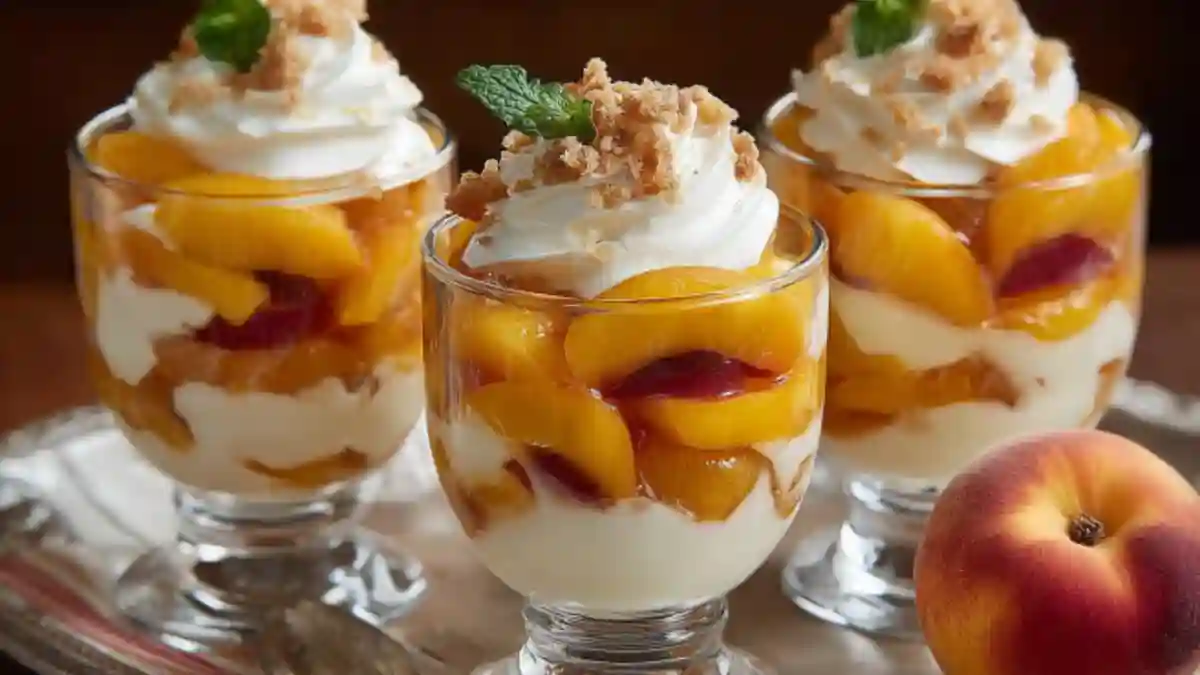Delicious Peach Cream Parfaits in a glass, layered with fresh peaches and cream.