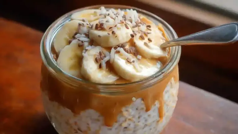 Peanut butter banana overnight oats in a glass bowl topped with sliced bananas and nuts.