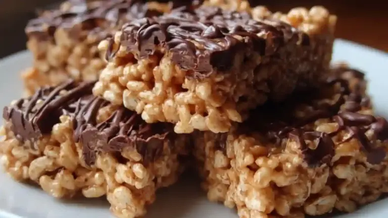 Delicious Peanut Butter Chocolate Rice Krispies treats in a colorful bowl.