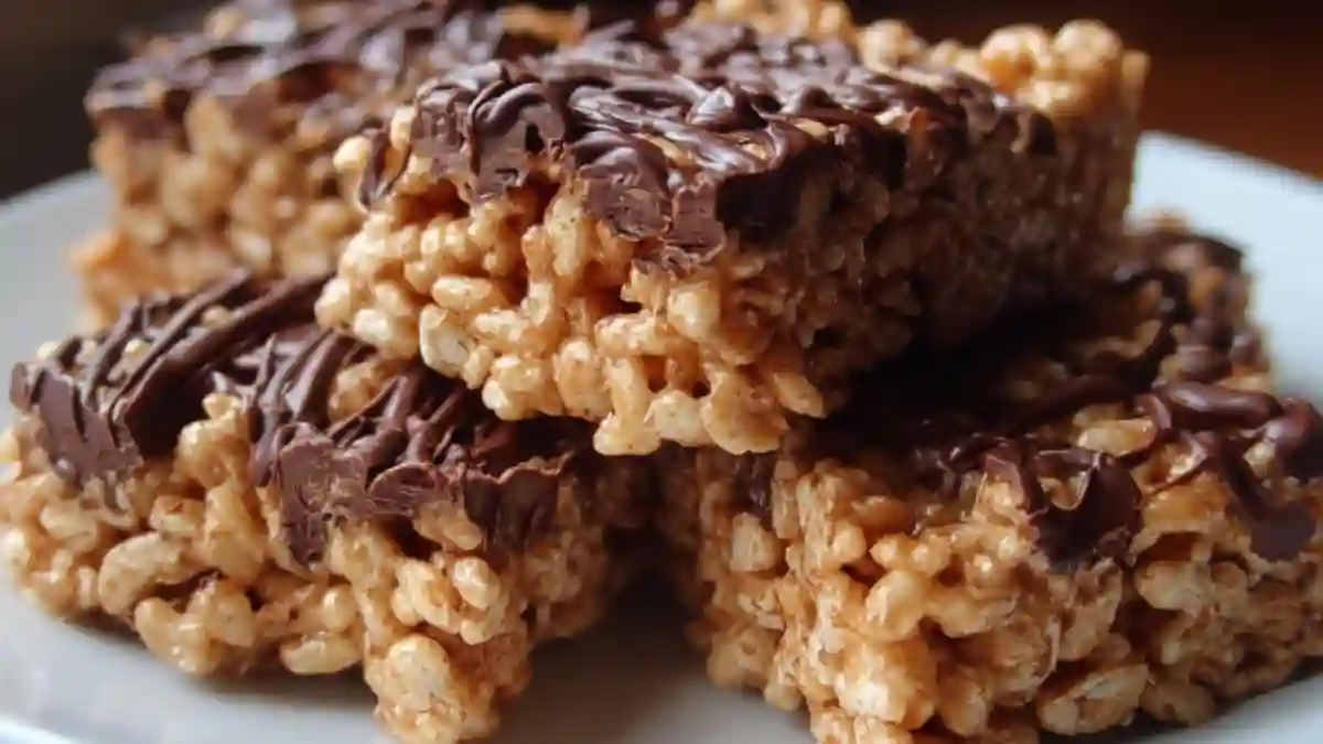 Delicious Peanut Butter Chocolate Rice Krispies treats in a colorful bowl.