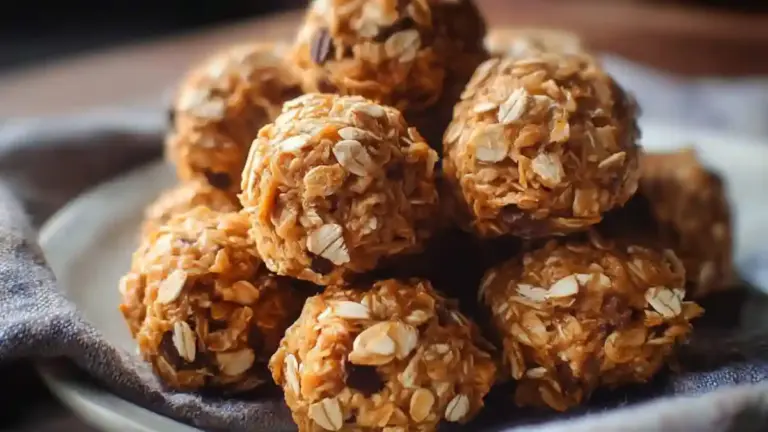 Healthy peanut butter oatmeal bites arranged on a plate
