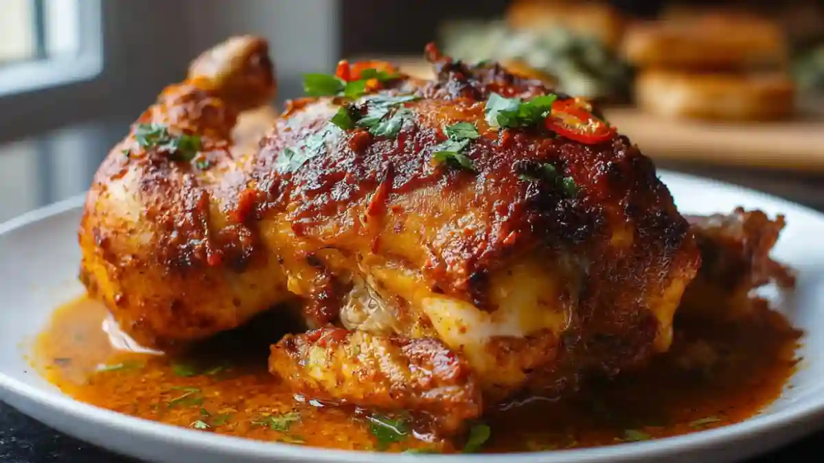 A deliciously roasted Peri-Peri Chicken garnished with herbs and spices.
