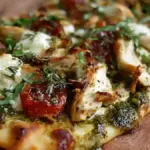 Delicious pesto chicken flatbread topped with fresh ingredients