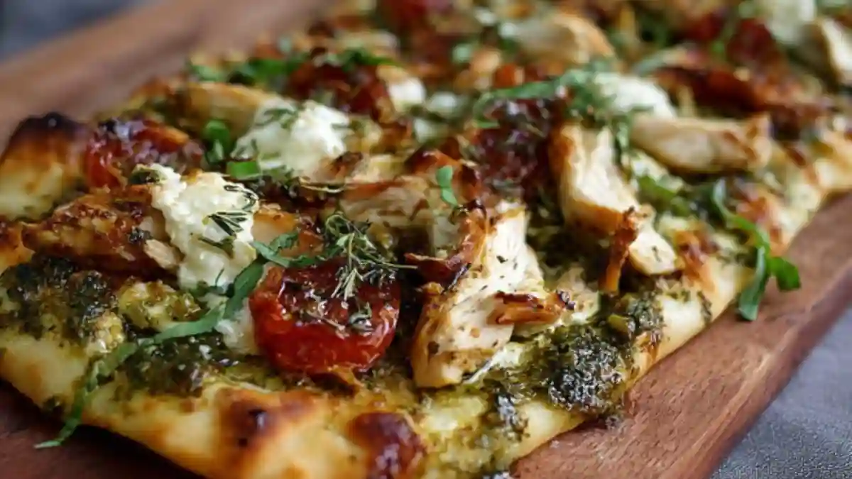 Delicious pesto chicken flatbread topped with fresh ingredients