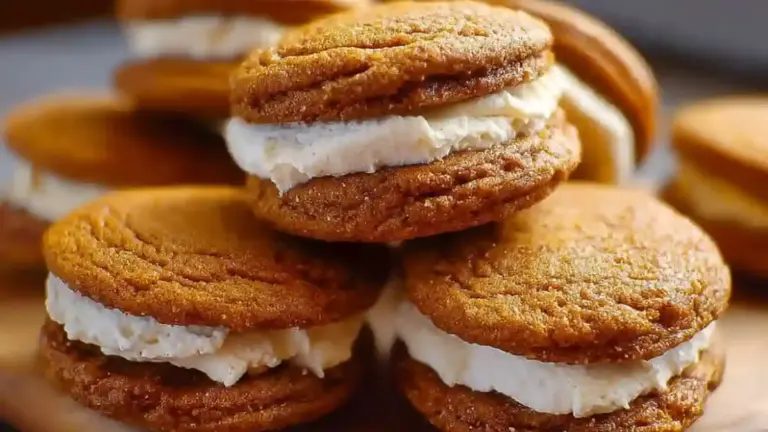 Pumpkin spice cookie sandwiches with cream filling and autumn spices