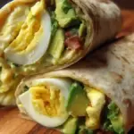 Delicious quick egg and avocado wrap on a plate with fresh ingredients.