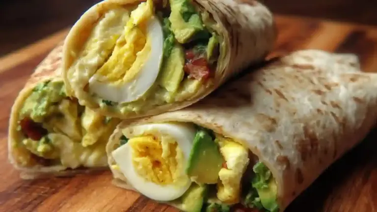 Delicious quick egg and avocado wrap on a plate with fresh ingredients.