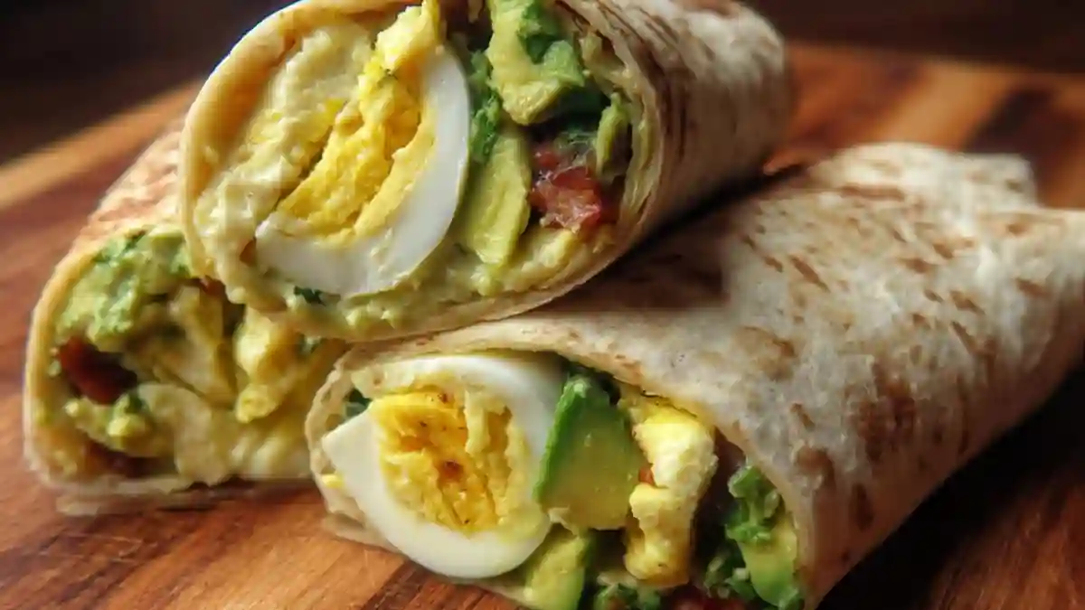Delicious quick egg and avocado wrap on a plate with fresh ingredients.