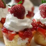 Delicious quick strawberry shortcake cups topped with fresh strawberries and cream
