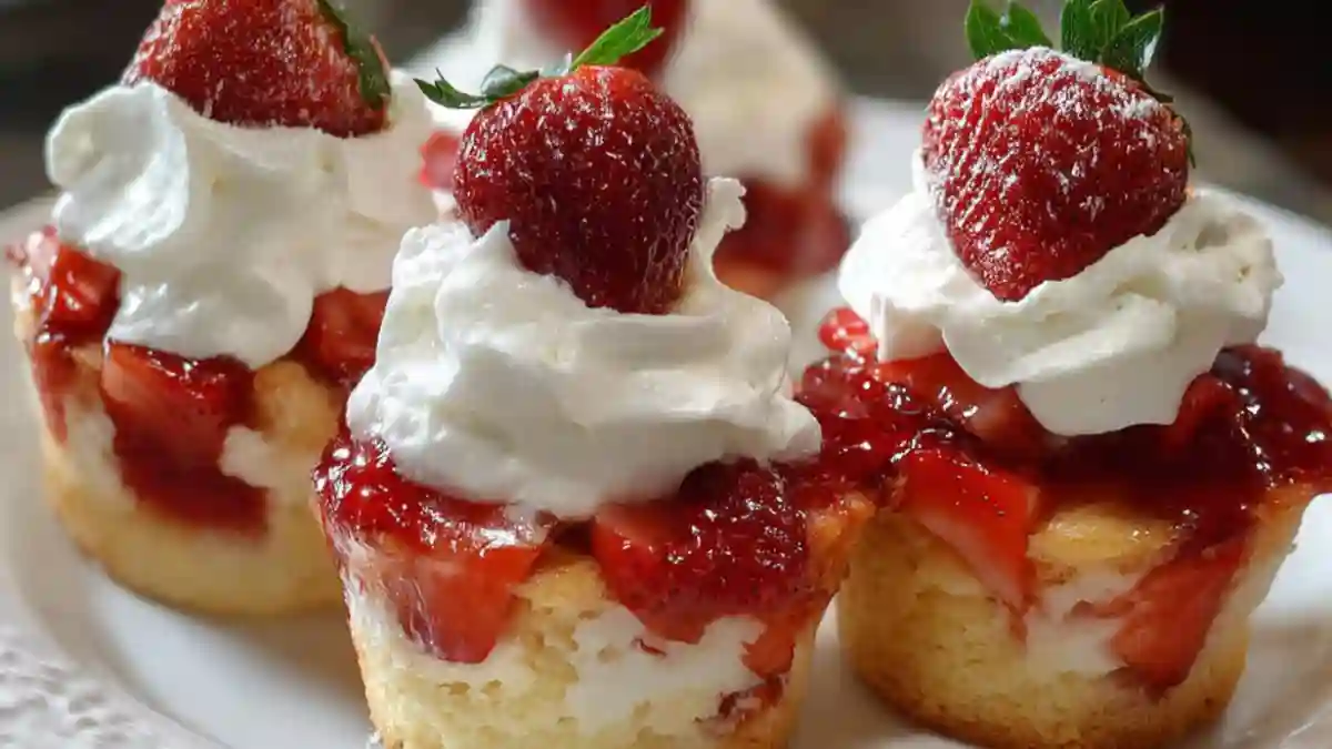 Delicious quick strawberry shortcake cups topped with fresh strawberries and cream