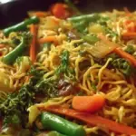 Delicious quick veggie stir-fry noodles with colorful vegetables.