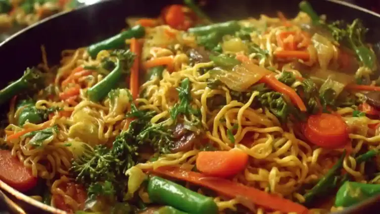 Delicious quick veggie stir-fry noodles with colorful vegetables.