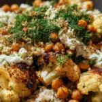 Roasted cauliflower and chickpea bowl with fresh vegetables and spices