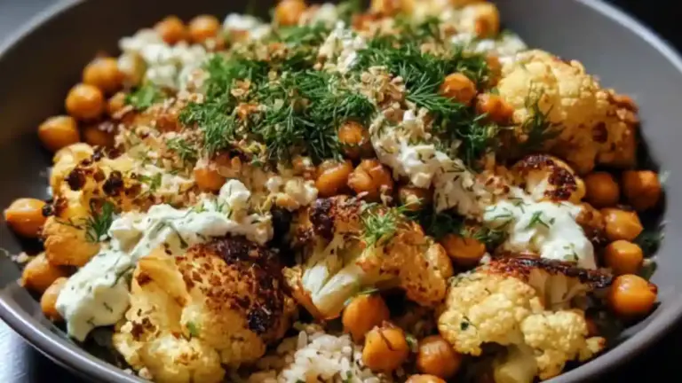 Roasted cauliflower and chickpea bowl with fresh vegetables and spices