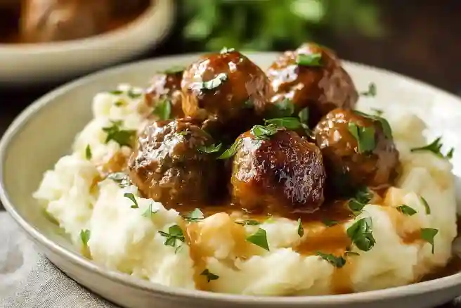 Salisbury Steak Meatballs with Garlic Herb Mashed Potatoes