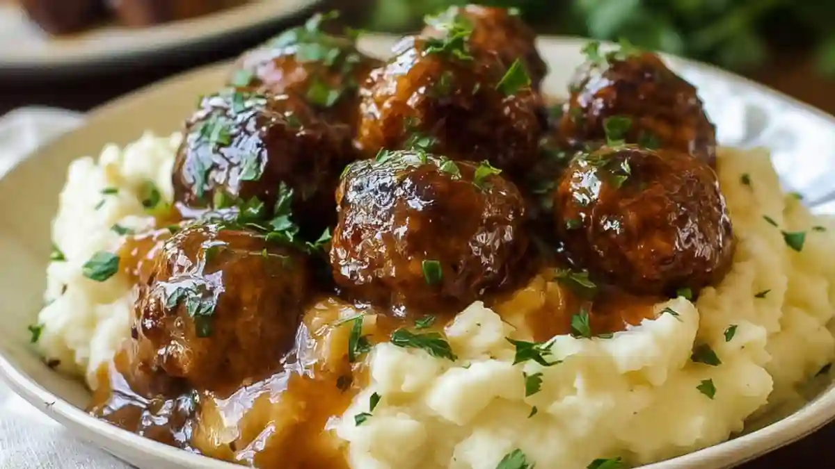 Salisbury steak meatballs served with garlic herb mashed potatoes on a plate