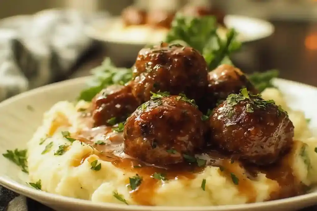 Salisbury Steak Meatballs with Garlic Herb Mashed Potatoes