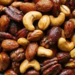 A bowl of savory roasted mixed nuts with almonds, cashews, and walnuts.