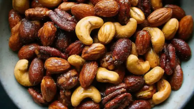 A bowl of savory roasted mixed nuts with almonds, cashews, and walnuts.