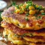 Savory sweet corn pancakes served on a plate with toppings