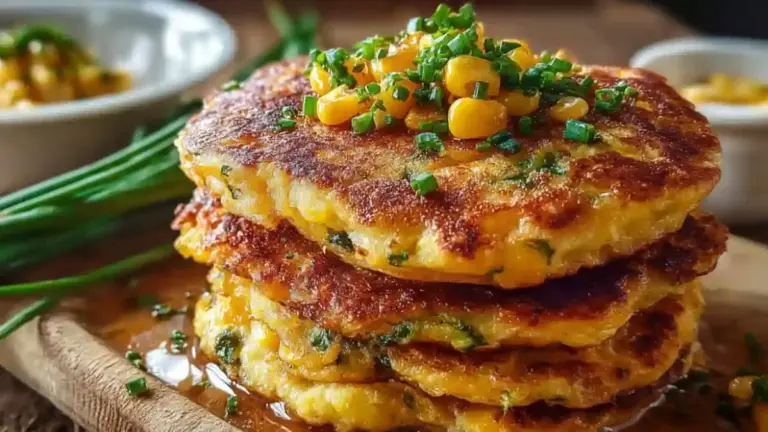 Savory sweet corn pancakes served on a plate with toppings